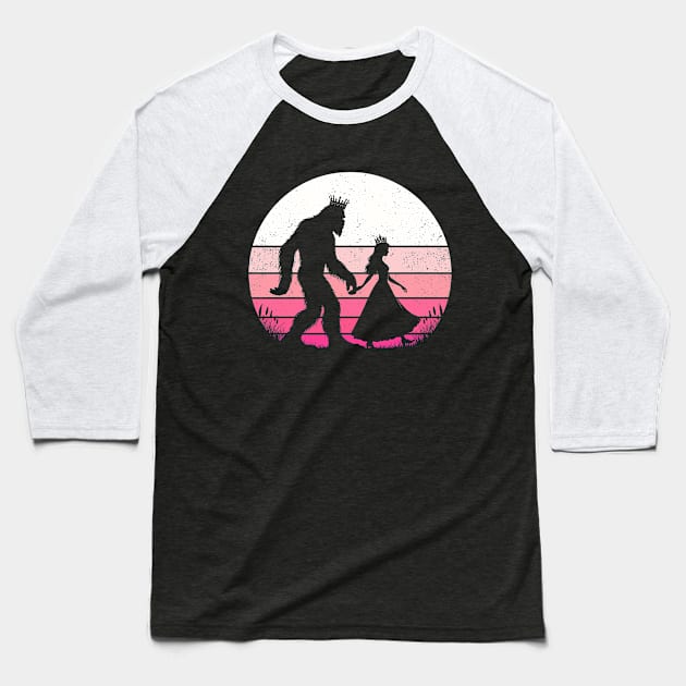 Bigfoot Walking with Princess Pink Sunset Magical  Baseball T-Shirt by Cuteness Klub